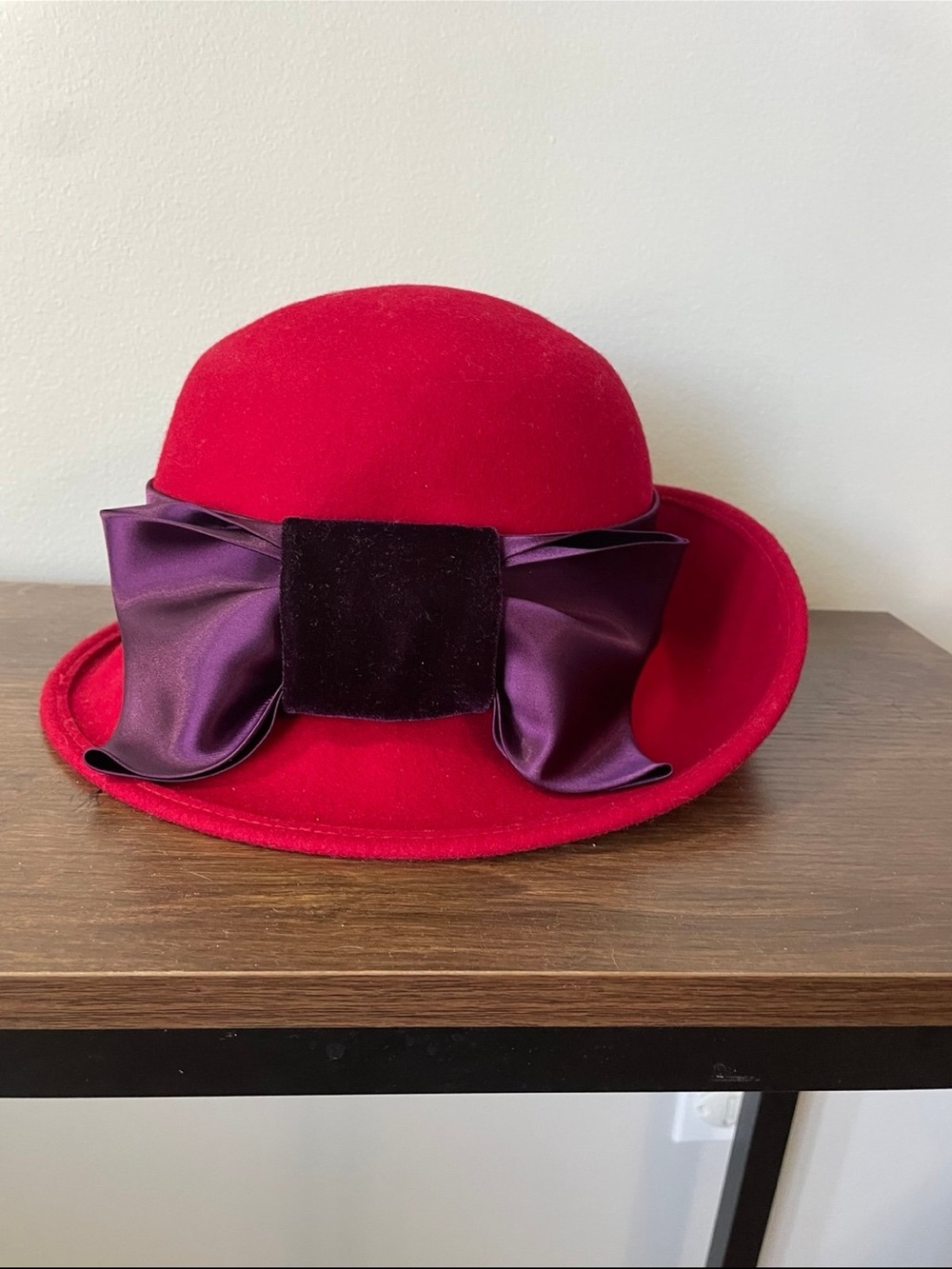 Red Wool Cloche Hat with Purple Bow